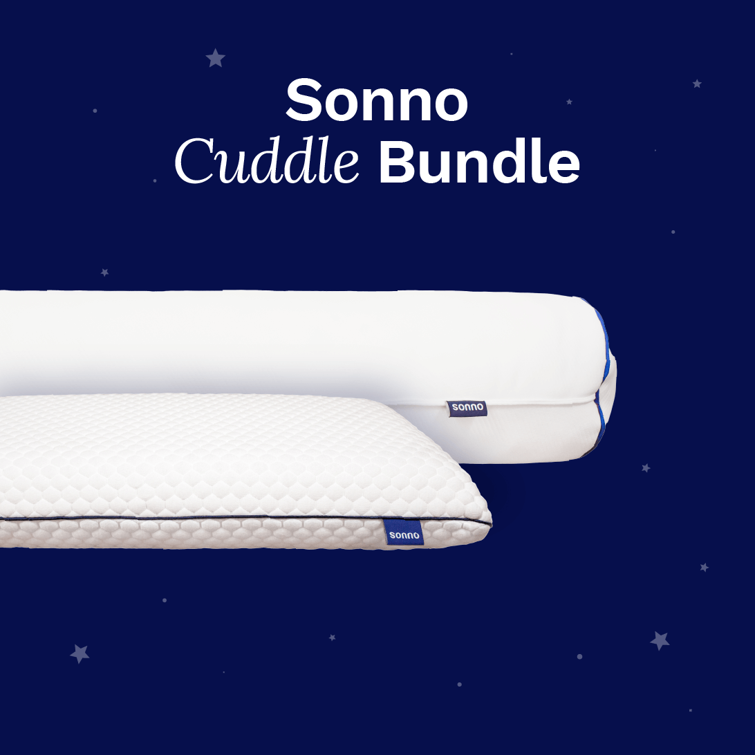 Sonno Cuddle Bundle featuring a soft bolster and a luxurious pillow, both designed for ultimate comfort, displayed against a dark blue starry background. The text 'Sonno Cuddle Bundle' is prominently featured, highlighting the comfort-focused sleep essentials.