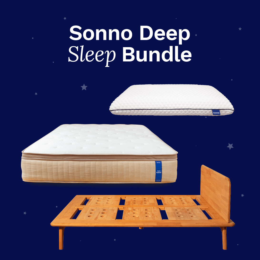 Sonno Deep Sleep Bundle showcasing premium mattress, including a plush top mattress and a supportive base mattress, along with a stylish wooden bed frame. The products are set against a dark blue starry background, highlighting the importance of quality sleep solutions. The text 'Sonno Deep Sleep Bundle' is prominently displayed.