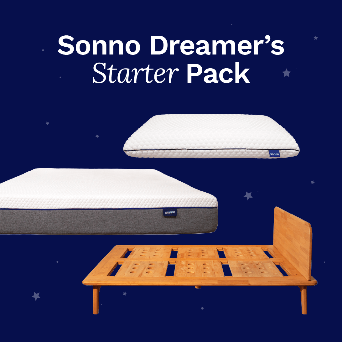 Sonno Dreamer's Starter Bundle featuring a comfortable mattress with a textured surface and a wooden bed frame on a dark blue background with stars. The text 'Sonno Dreamer's Starter Pack' is prominently displayed.