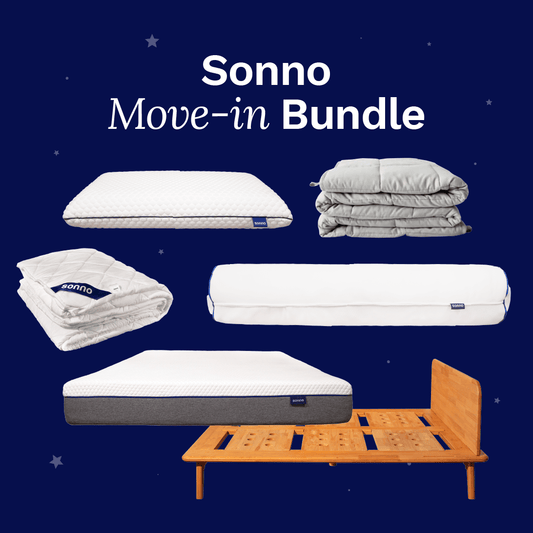 Sonno Move-in Bundle showcasing a firm and plush mattress, a textured premium pillow, a bolster, a stylish mattress protector, and cozy weighted blanket in gray, along with a modern wooden bed frame. Set against a dark blue background with stars, this image promotes the ultimate sleep solutions for new homes, with the text 'Sonno Move-in Bundle' clearly visible.