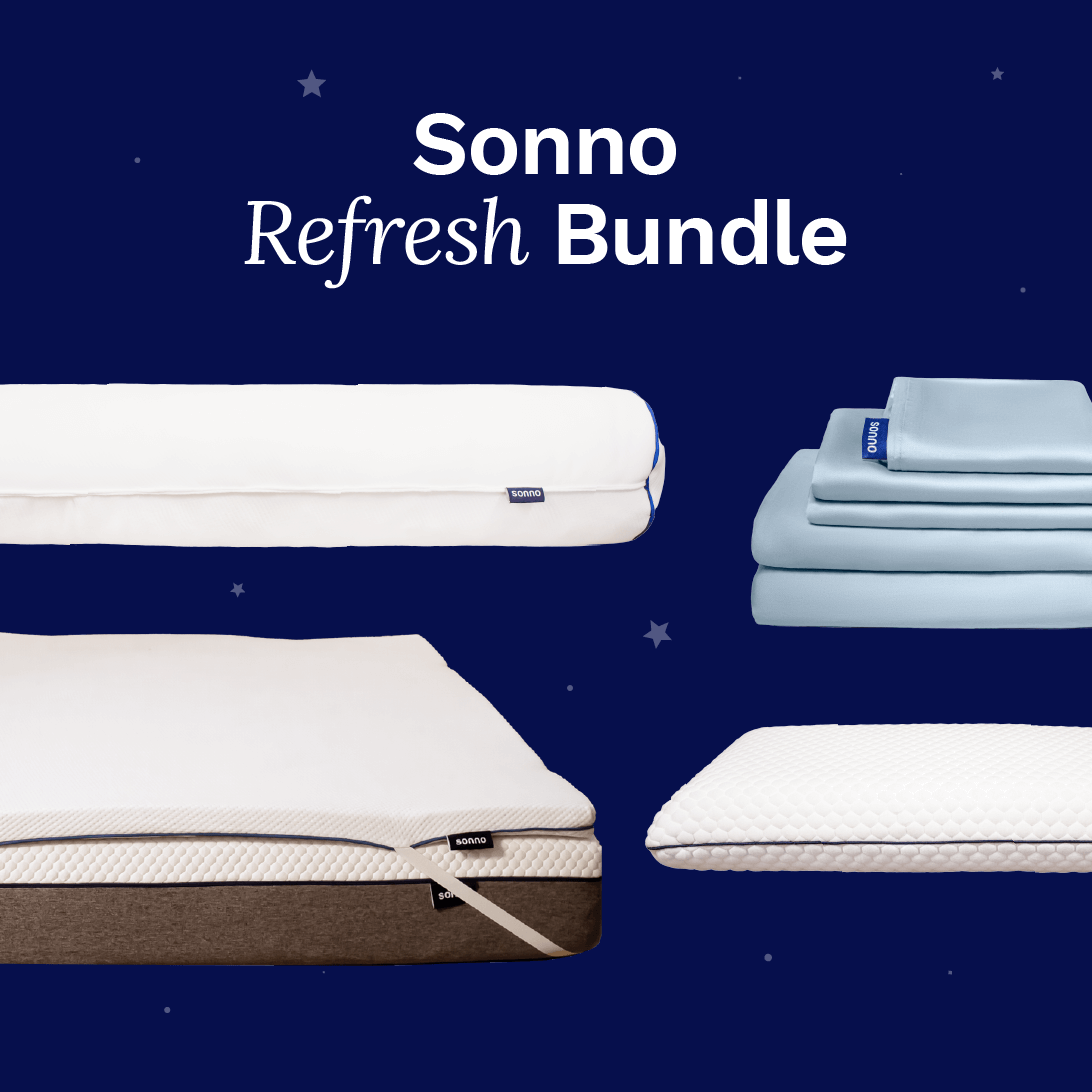 Sonno Refresh Bundle featuring a soft mattress topper, a cozy white mattress, and light blue bedding sets arranged on a dark blue starry background. This collection highlights essential sleep products designed for revitalizing comfort, with the text 'Sonno Refresh Bundle' prominently displayed.