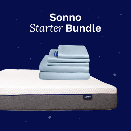 Sonno Starter Bundle showcasing a comfortable mattress paired with neatly stacked light blue bedding sets. The arrangement is set against a dark blue background with stars, emphasizing quality sleep solutions for beginners. The text 'Sonno Starter Bundle' is prominently displayed.