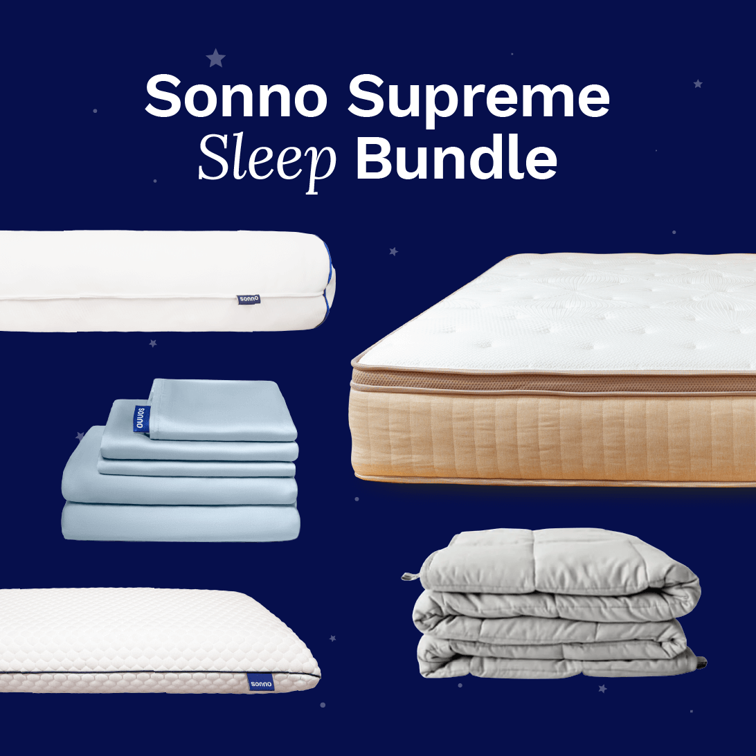 Sonno Supreme Sleep Bundle featuring a high-quality mattress, soft bedding sets comprising of bed sheet, bolster, pillow and weighted blanket in light blue and white, and a plush comforter, displayed against a starry dark blue background. This image highlights the ultimate sleep solutions for better rest and comfort, with the text 'Sonno Supreme Sleep Bundle' prominently featured for enhanced visibility.