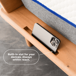 Sonno wooden bed frame featuring built-in slot for your devices, providing convenience and easy access.