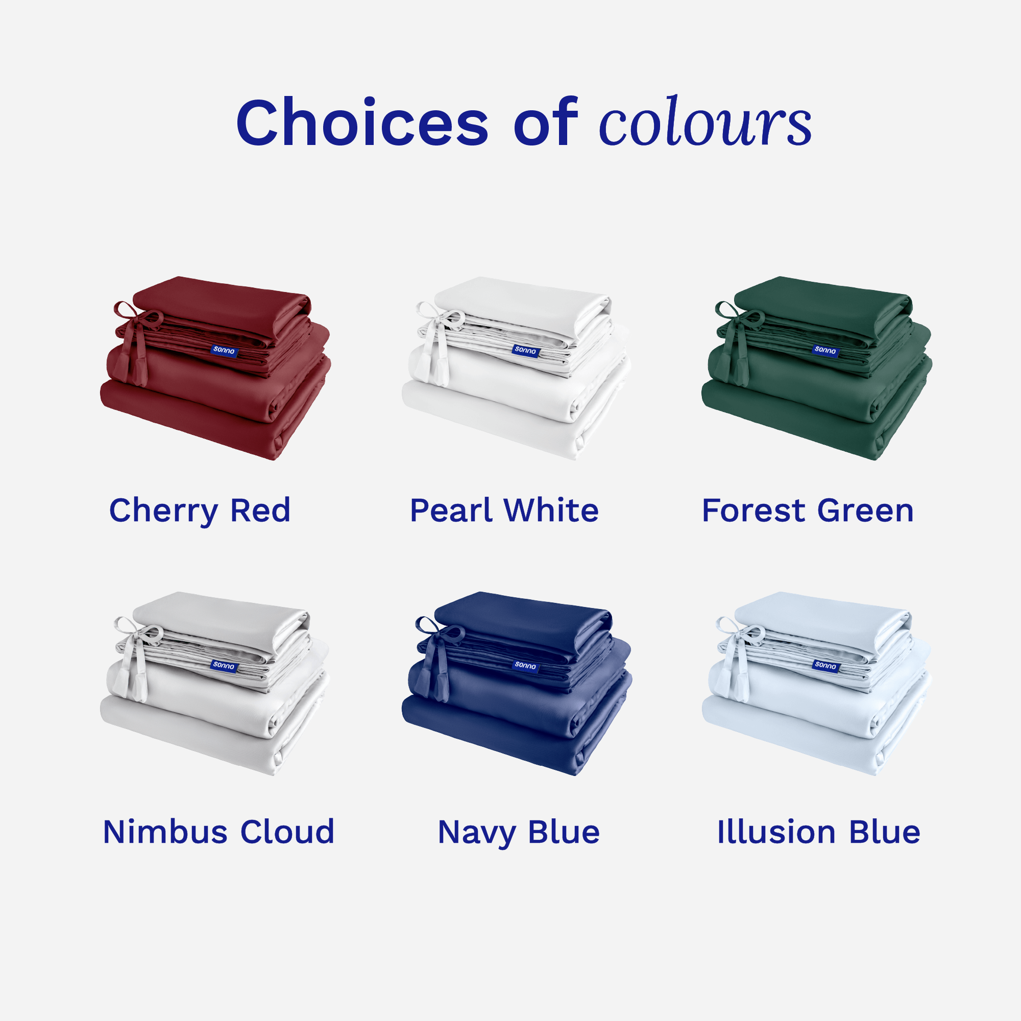 Sonno Tencel bed sheets available in six colors: Cherry Red, Pearl White, Forest Green, Nimbus Cloud, Navy Blue, and Illusion Blue.