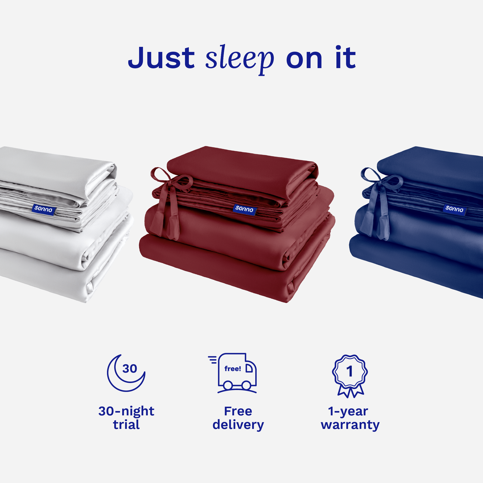 Sonno Tencel bed sheets offering a 30-night trial, free delivery, and 1-year warranty, available in a variety of colors for ultimate sleep comfort.