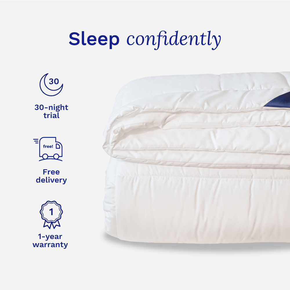 Sonno hypoallergenic duvet insert with 30-night trial, free delivery, and 1-year warranty for a restful and worry-free sleep experience.