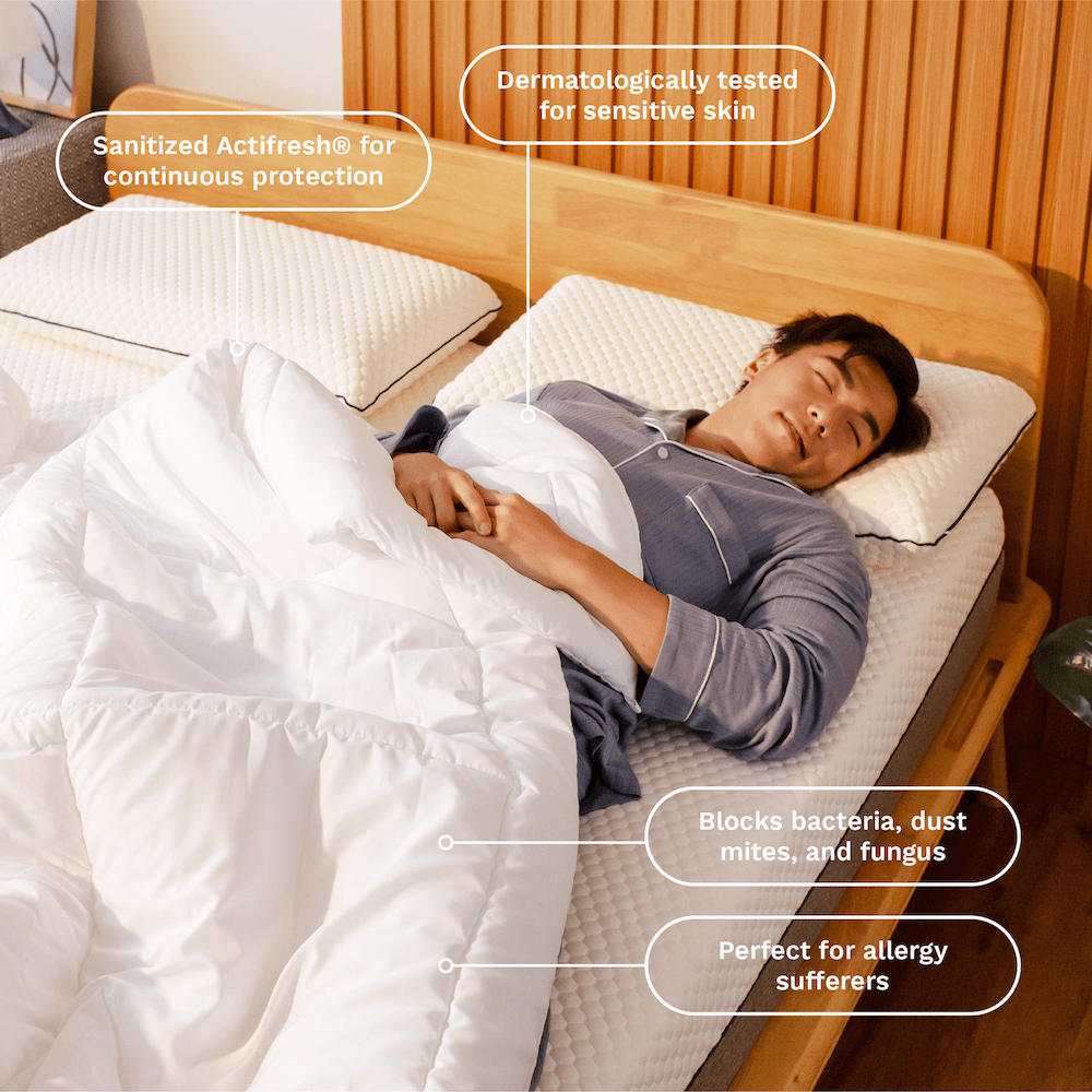 Man sleeping comfortably under the Sonno duvet insert, which is dermatologically tested and sanitized with Actifresh® to block bacteria, dust mites, and allergens.