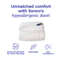 Sonno hypoallergenic duvet insert, offering lightweight, sanitized protection and easy maintenance for a peaceful and comfortable sleep.