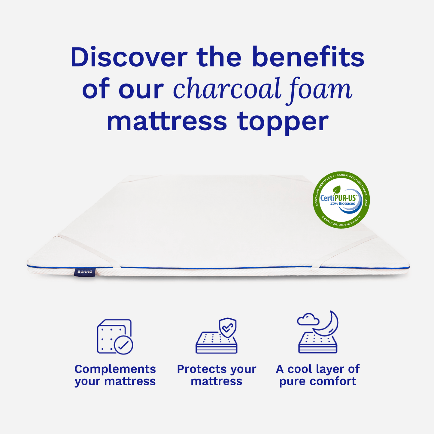 Discover the benefits of Sonno charcoal foam mattress topper, CertiPUR-US certified for premium comfort and mattress protection.