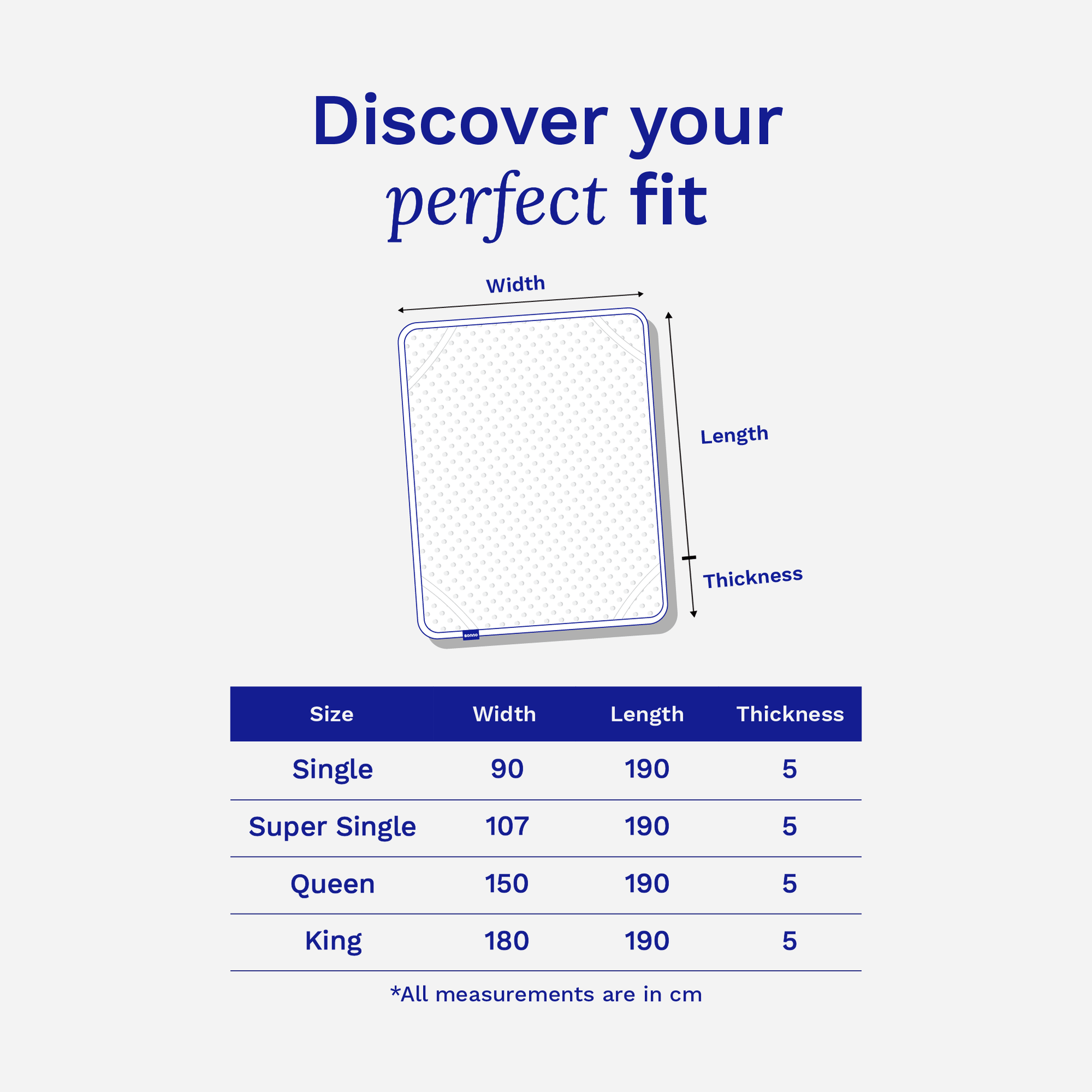 Sonno mattress topper size chart, available in single, super single, queen, and king sizes.