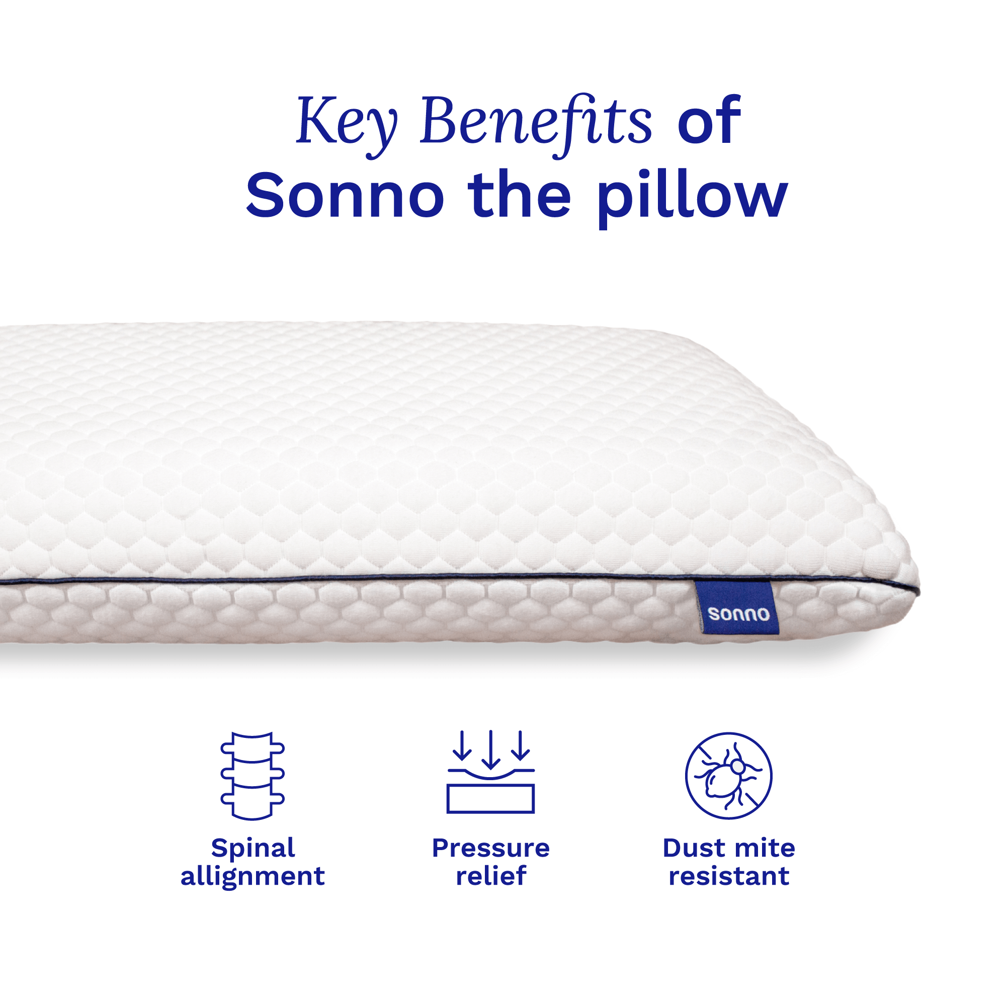 Sonno memory foam pillow with key benefits: spinal alignment, pressure relief, and dust mite resistance.