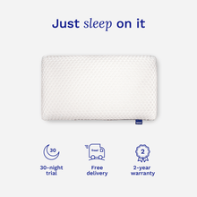 Sonno memory foam pillow with 30-night trial, free delivery, and 2-year warranty.